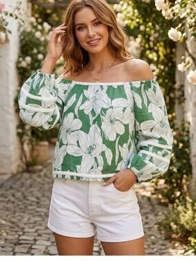 Tahari Square Neck 3/4 Sleeve Braided Trim Linen Shirt - Size M - Green EUC